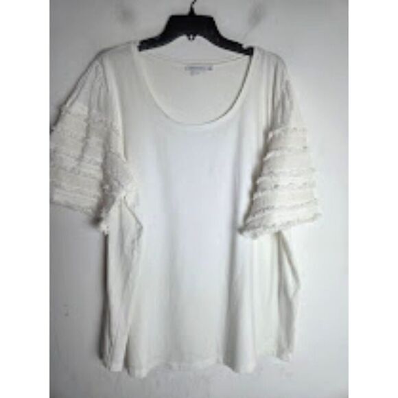 Chico's White Pima Cotton/Modal Crew Neck 3/4 Crochett Fringe Sleeves size XXL - Picture 1 of 8